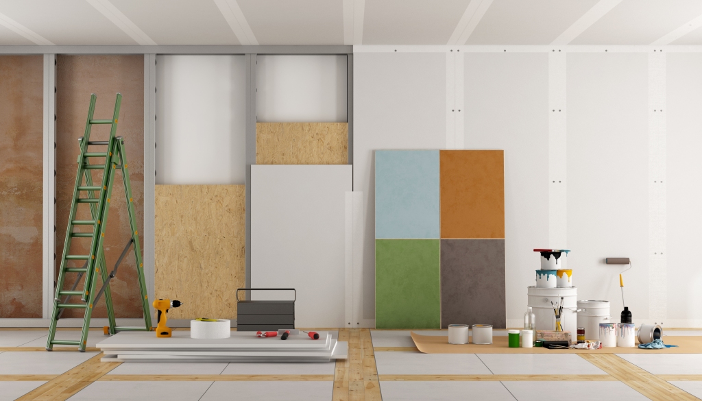 Image of drywall install setup and paint selections. 